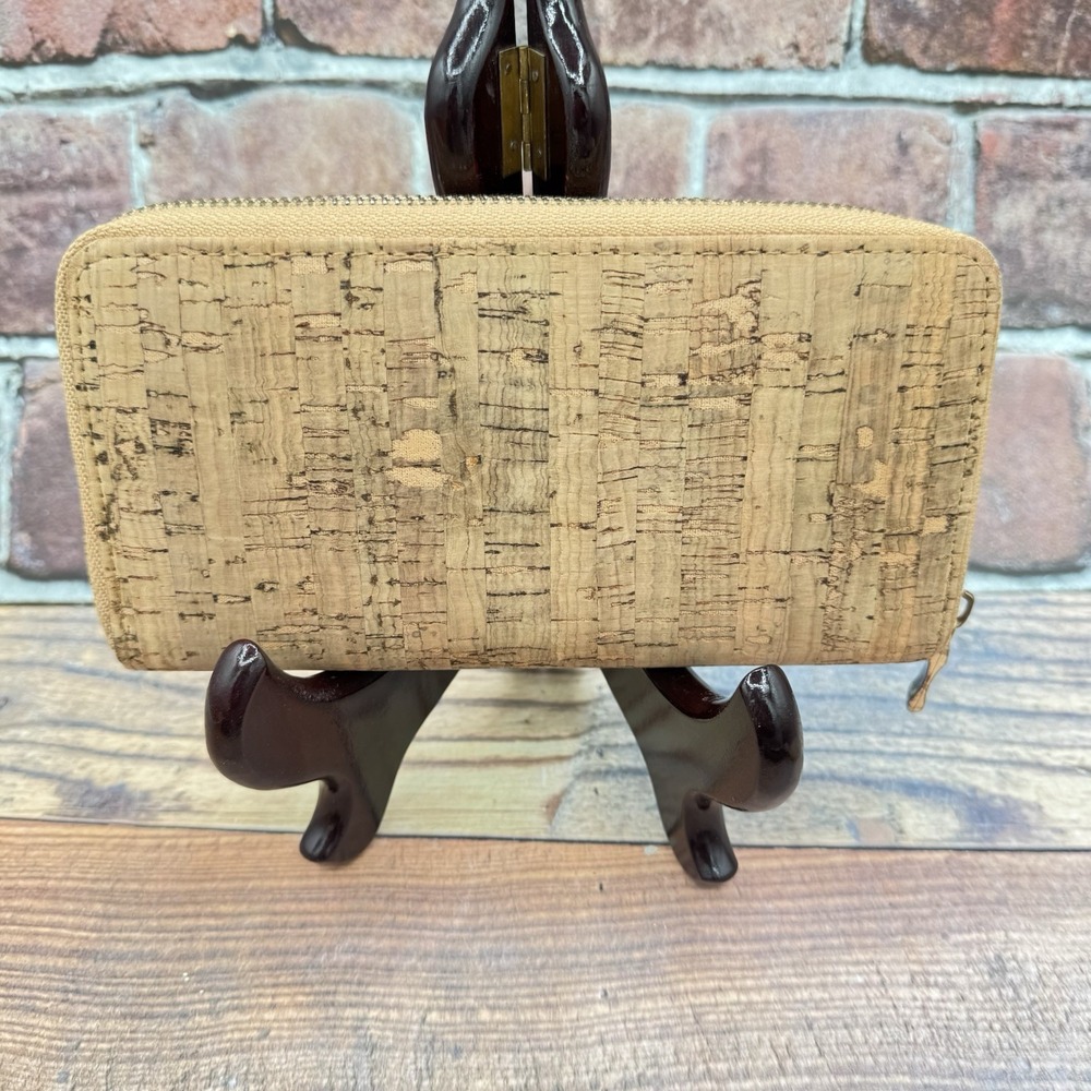 Natural Cork Wallet‎ Women's Zip Around Minimalist 7x4 Gold Tone Hardware Earthy